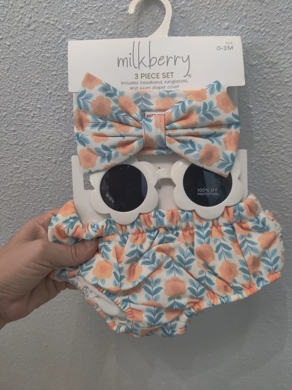 Floral Headband, Sunglasses & Swim Diaper Cover Set - Peach & Blue